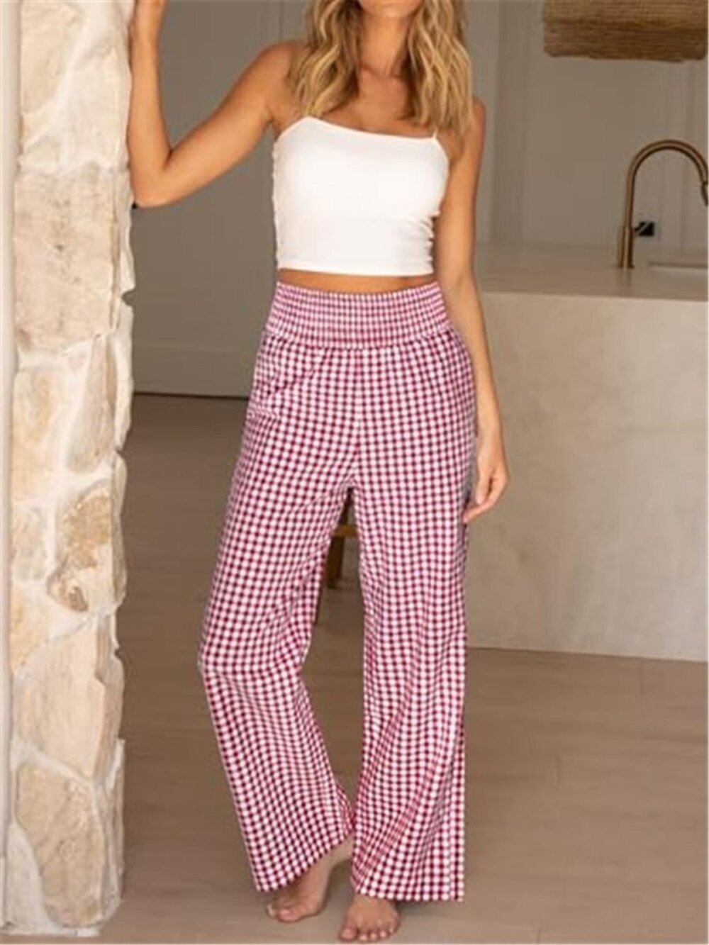 Women's Red Palazzo Pants, Striped & Gingham, Lounge & Casual, Lounge Pants - Picture 5 of 11